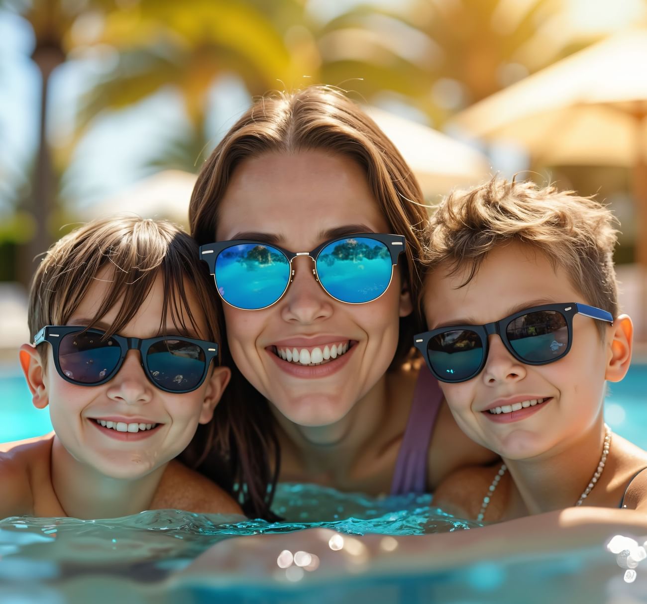 Close-up of a smiling mother and her two young sons wearing sunglasses, submerged in a pool at The Grove Resort & Water Park