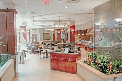 The entrance to the Falling Water Grille at Hotel Topeka at City Center.