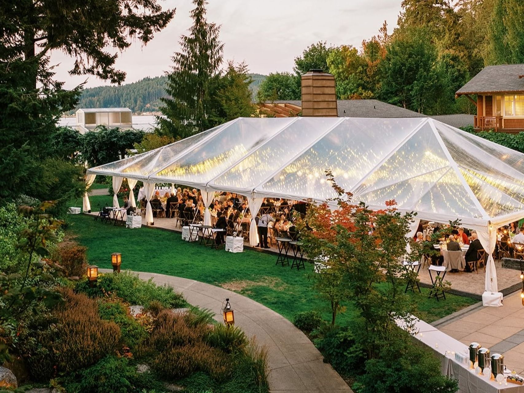 Illuminated tent in the Courtyard Lawn arranged for an event at Alderbrook Resort & Spa