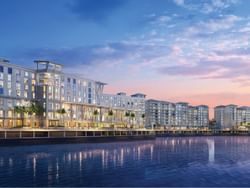 Landscape view of the Sunseeker Resort Building at evening