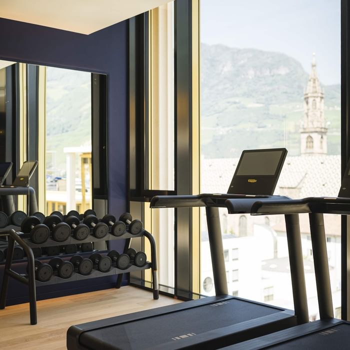 Palestra con tapis roulant, pesi e vista su una chiesa e montagne.
