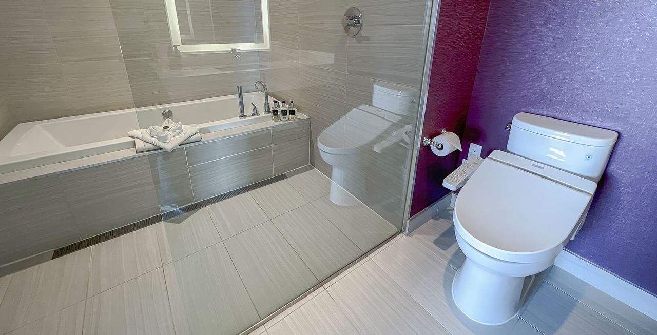Hotel washroom with toilet and bathtub