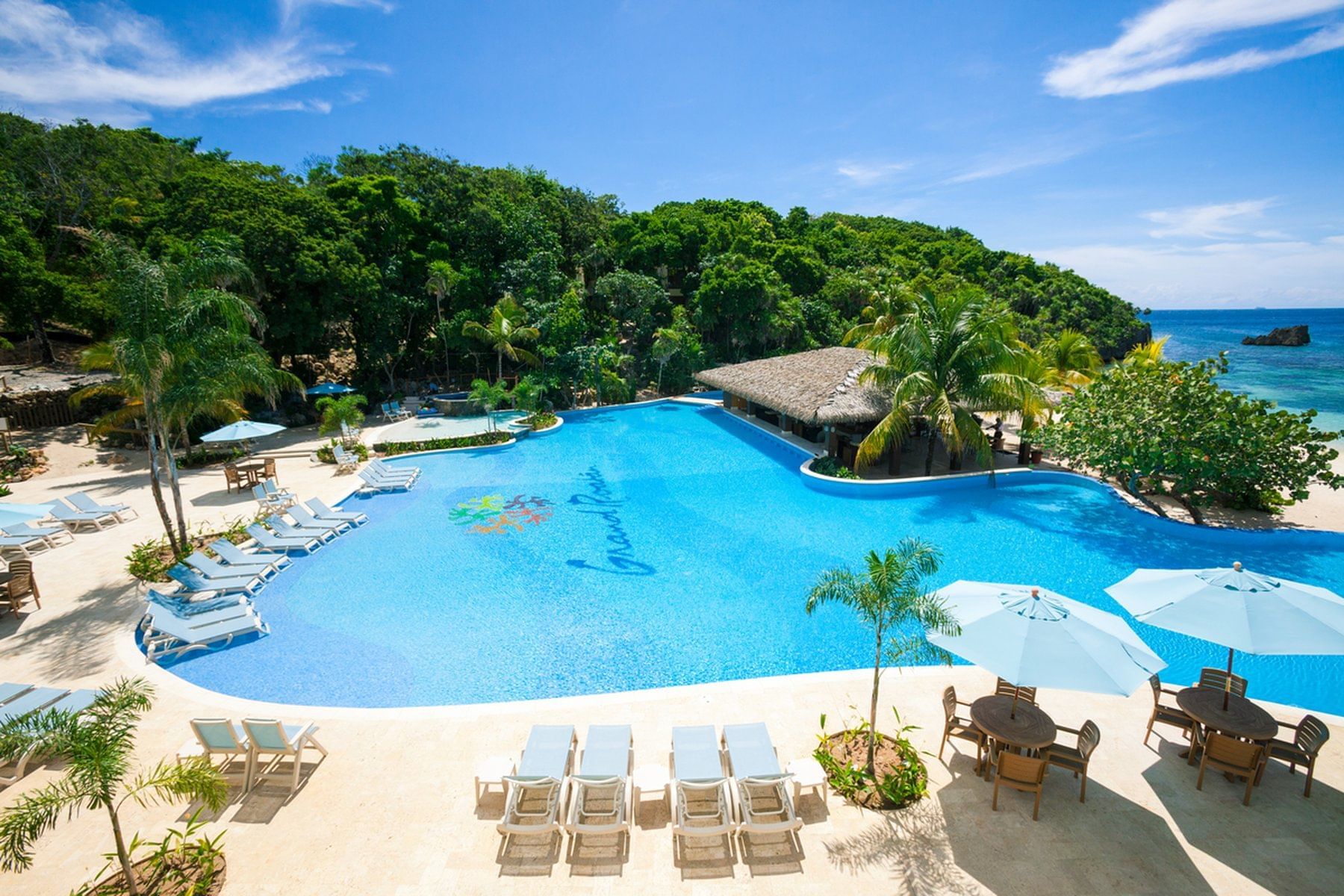 aerial view of pool and bar with lounge chairs