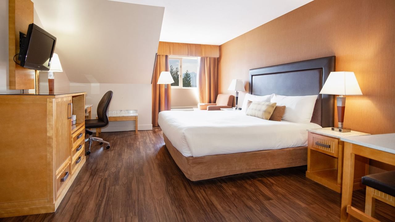 Hotel room with king bed, TV, work desk and window