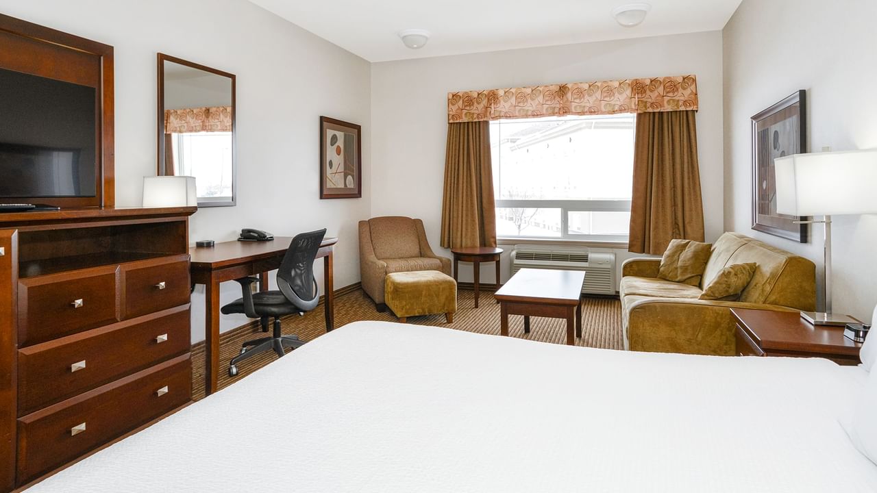 Hotel room with a king bed and a sofa bed, TV, work desk, chair, and coffee table