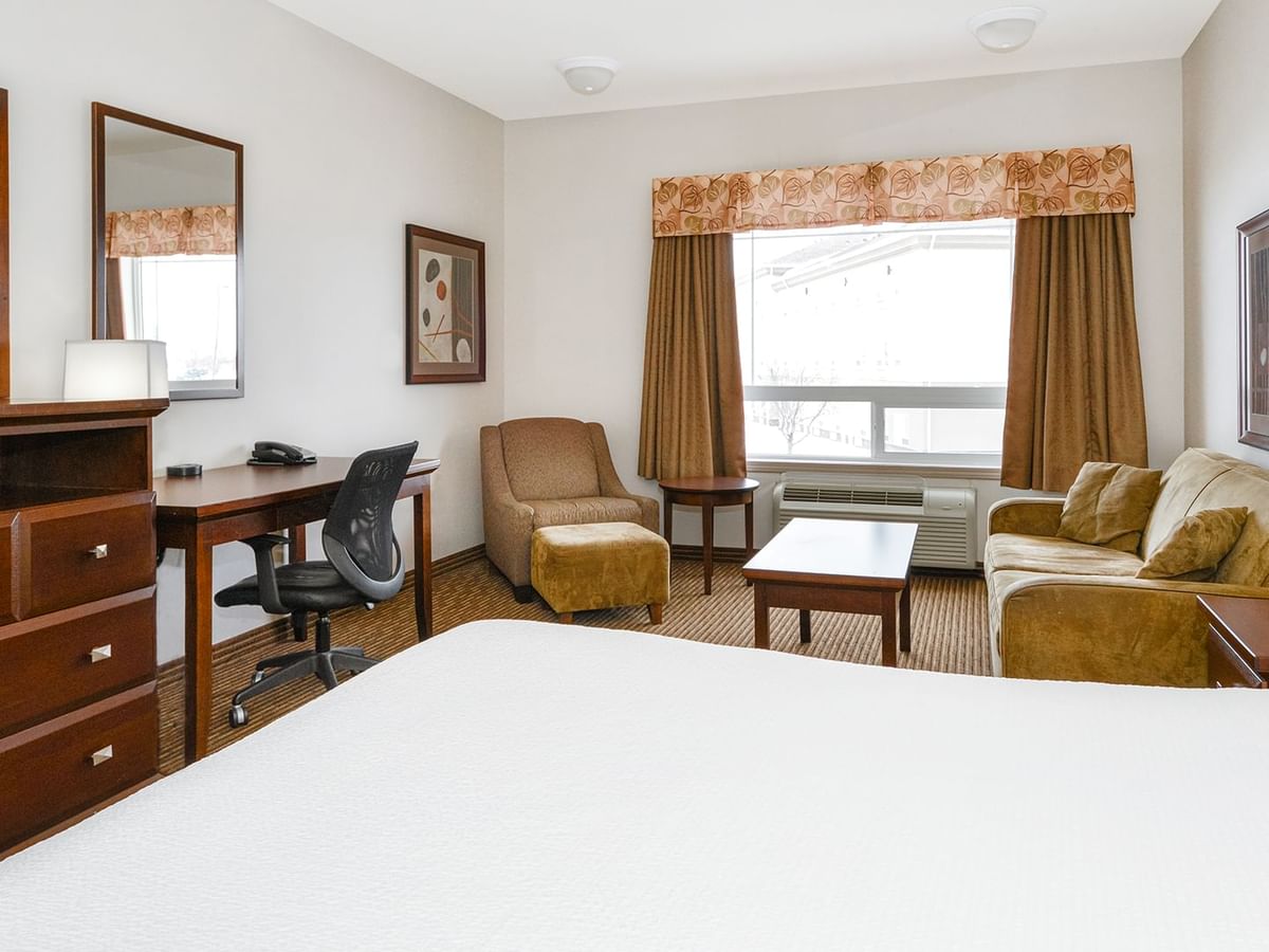 Hotel room with a king bed and a sofa bed, TV, work desk, chair, and coffee table