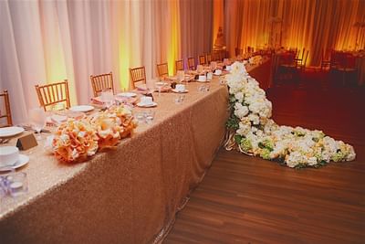 Wedding dining table decor with floral arrangement