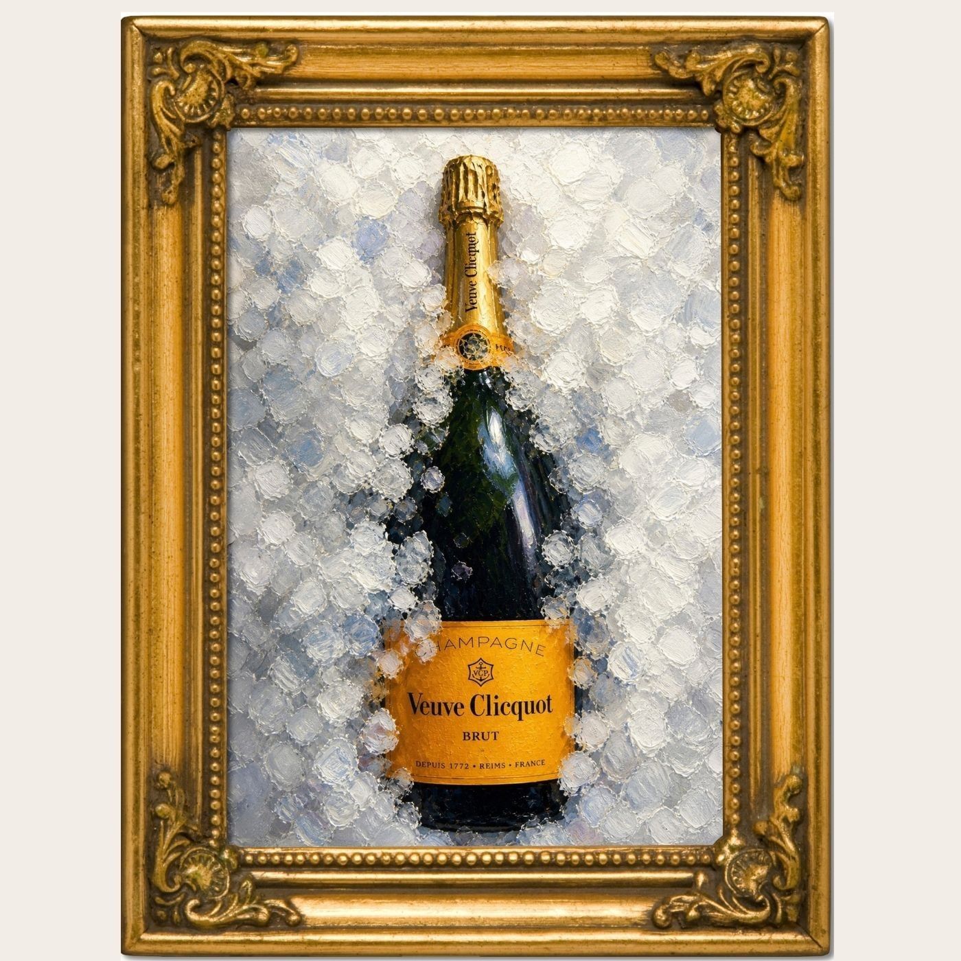 Gold frame holds painting of Veuve Clicquot champagne bottle in ice at The Londoner