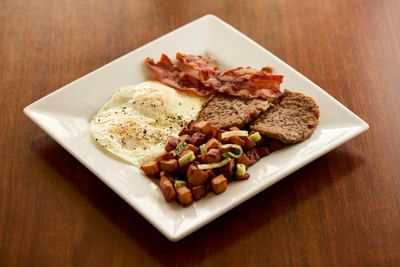 Close-up of breakfast with egg at The IowaStater Restaurant