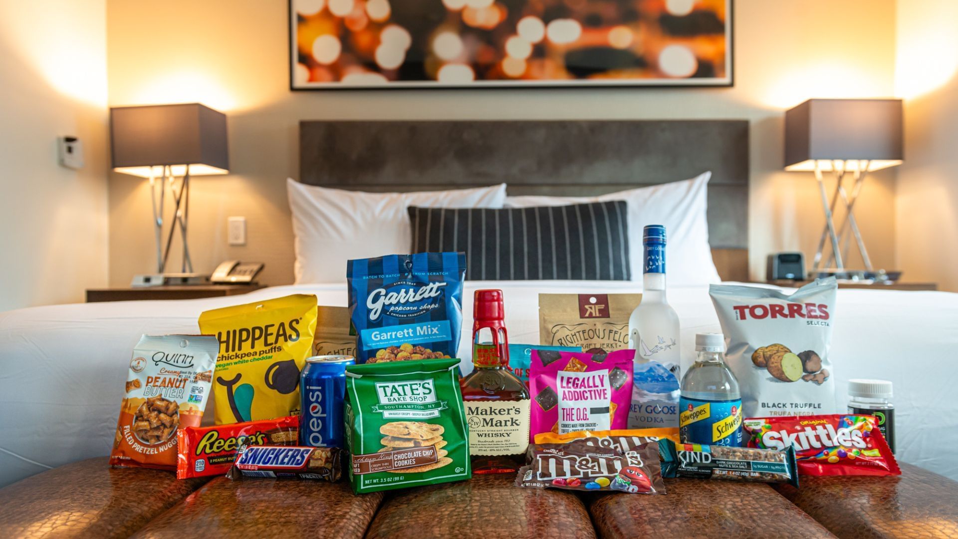 A variety of snacks and alcohol available to order for delivery to your room.
