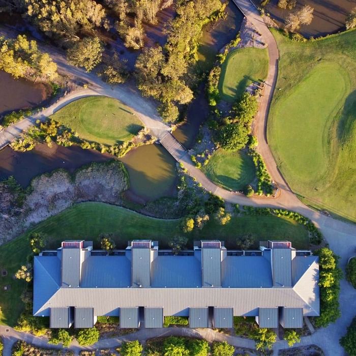 aerial view of accommodation and golf course at mercure kooindah waters