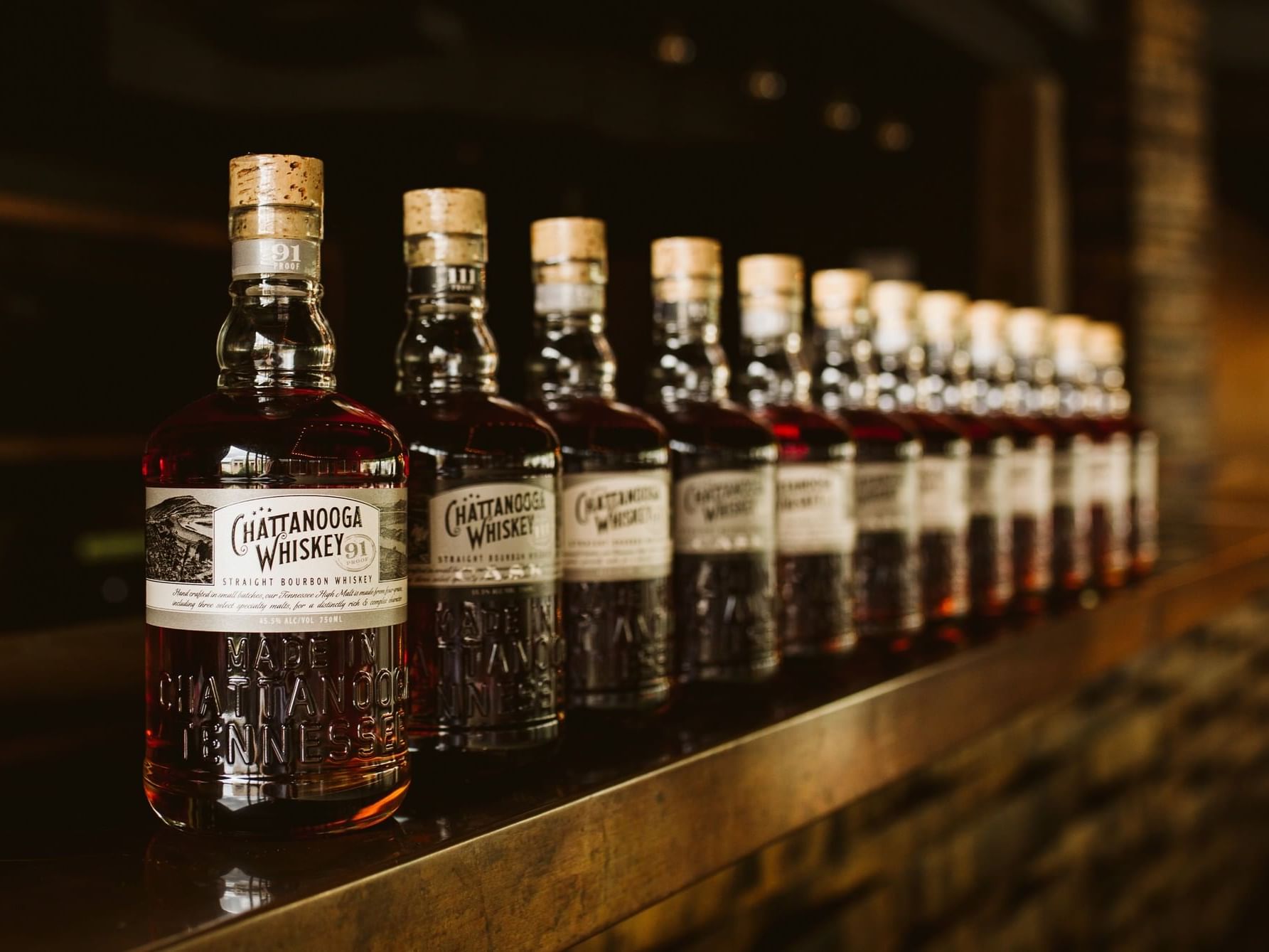 Chattanooga Whiskey bottles in Whiskey Tasting Bar at Hotel Bo