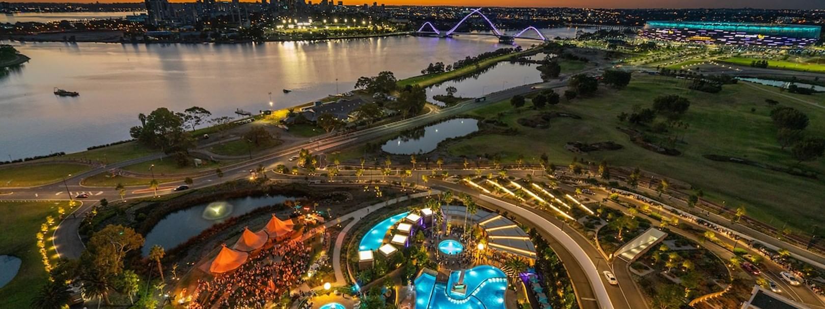 Aerial view of pool complex & the city near Crown Hotel Perth