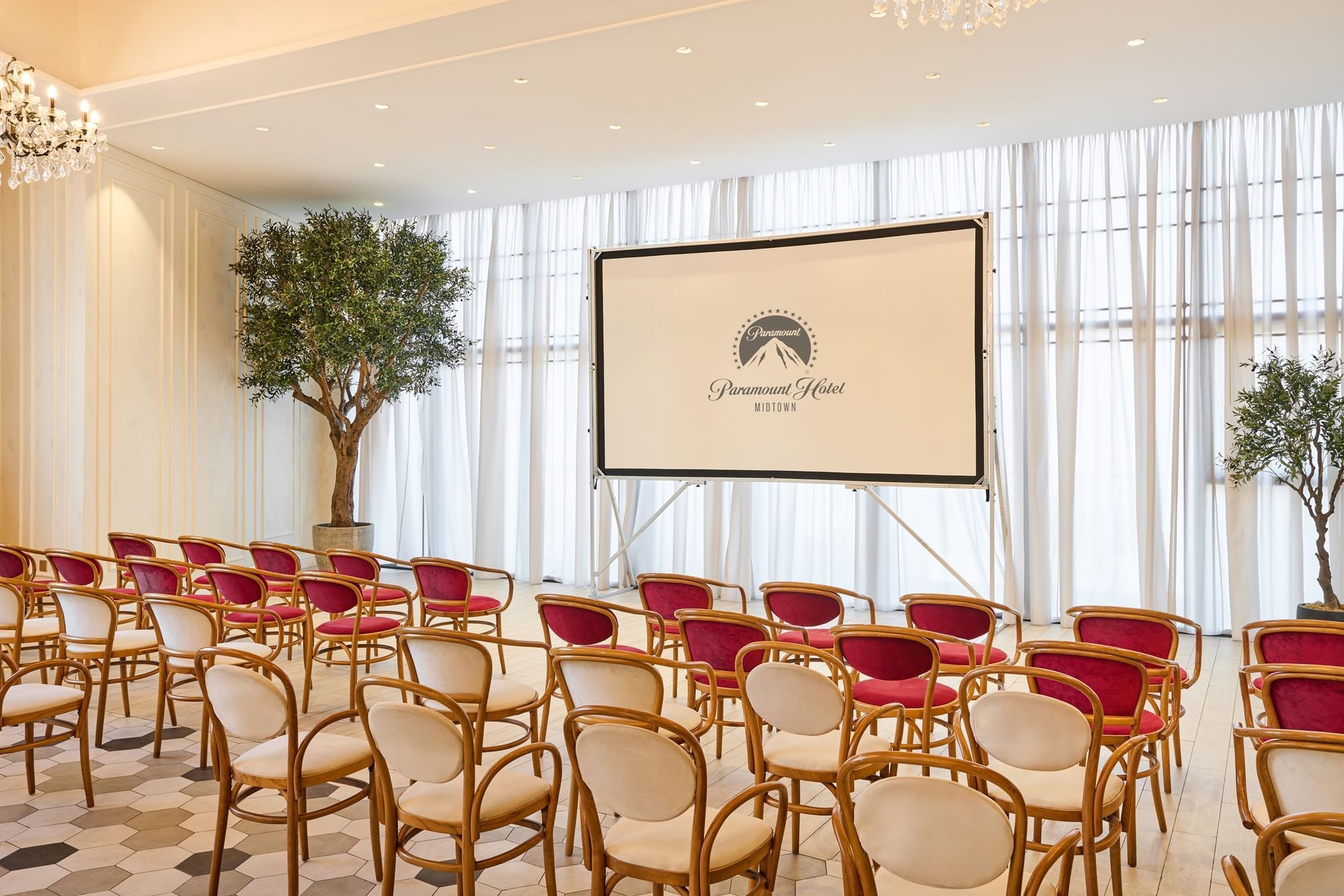 Theater-style meeting room arrangement in Paparazzi restaurant venue at Paramount Hotel