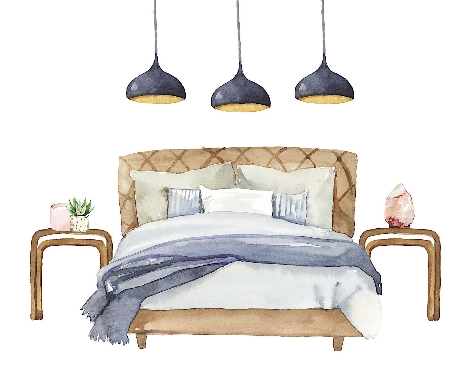 Illustration of a cozy bedroom with a large bed, side tables, and three hanging lamps at El Prado Hotel