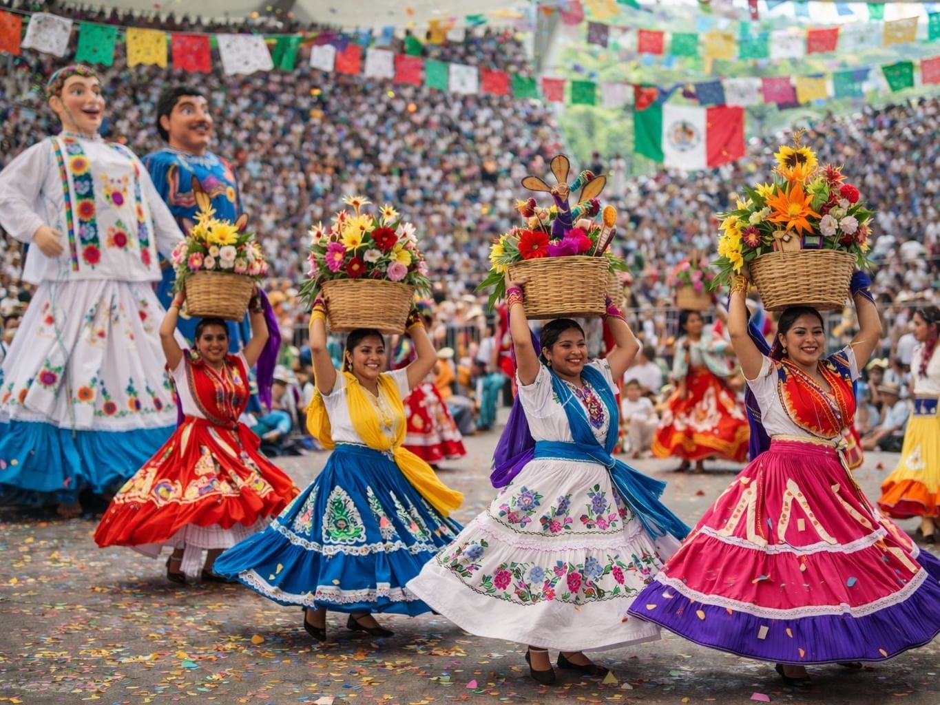 Traditional Mexican dancers in colorful skirts performing near One Hotels during The Guelaguetza Festival in Oaxaca