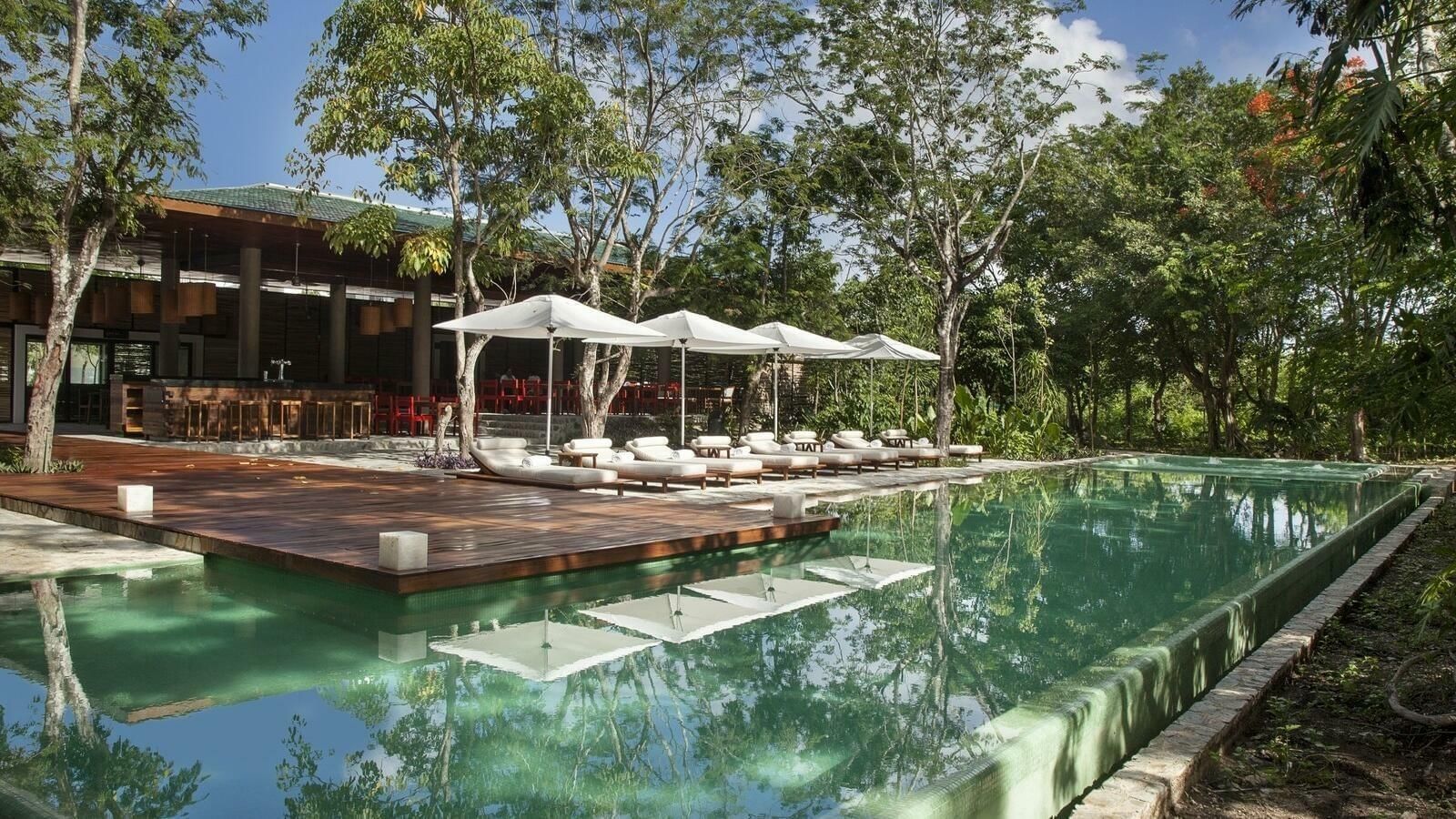 Sunbeds with patio umbrellas by the outdoor pool at The Explorean Cozumel