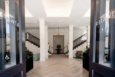 Main entrance to the lobby and the stair cases to the balcony, Hotel Atwater Catalina