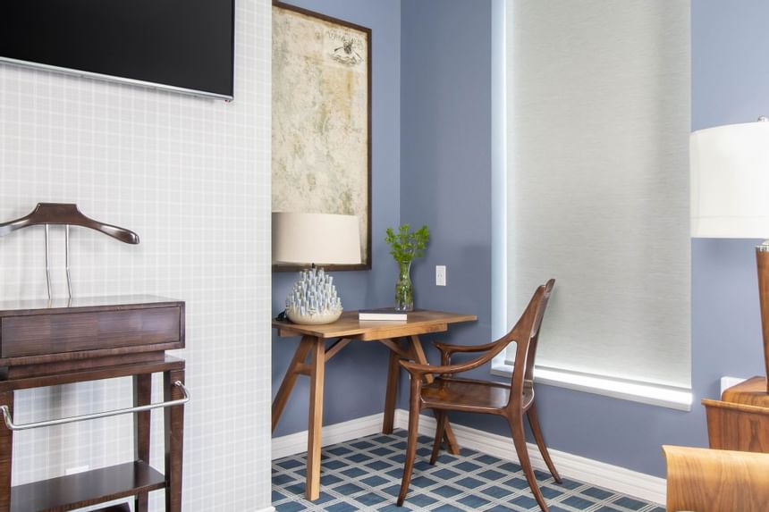 Work desk, chair & lamp in King Superior Study at Retro Suites Hotel