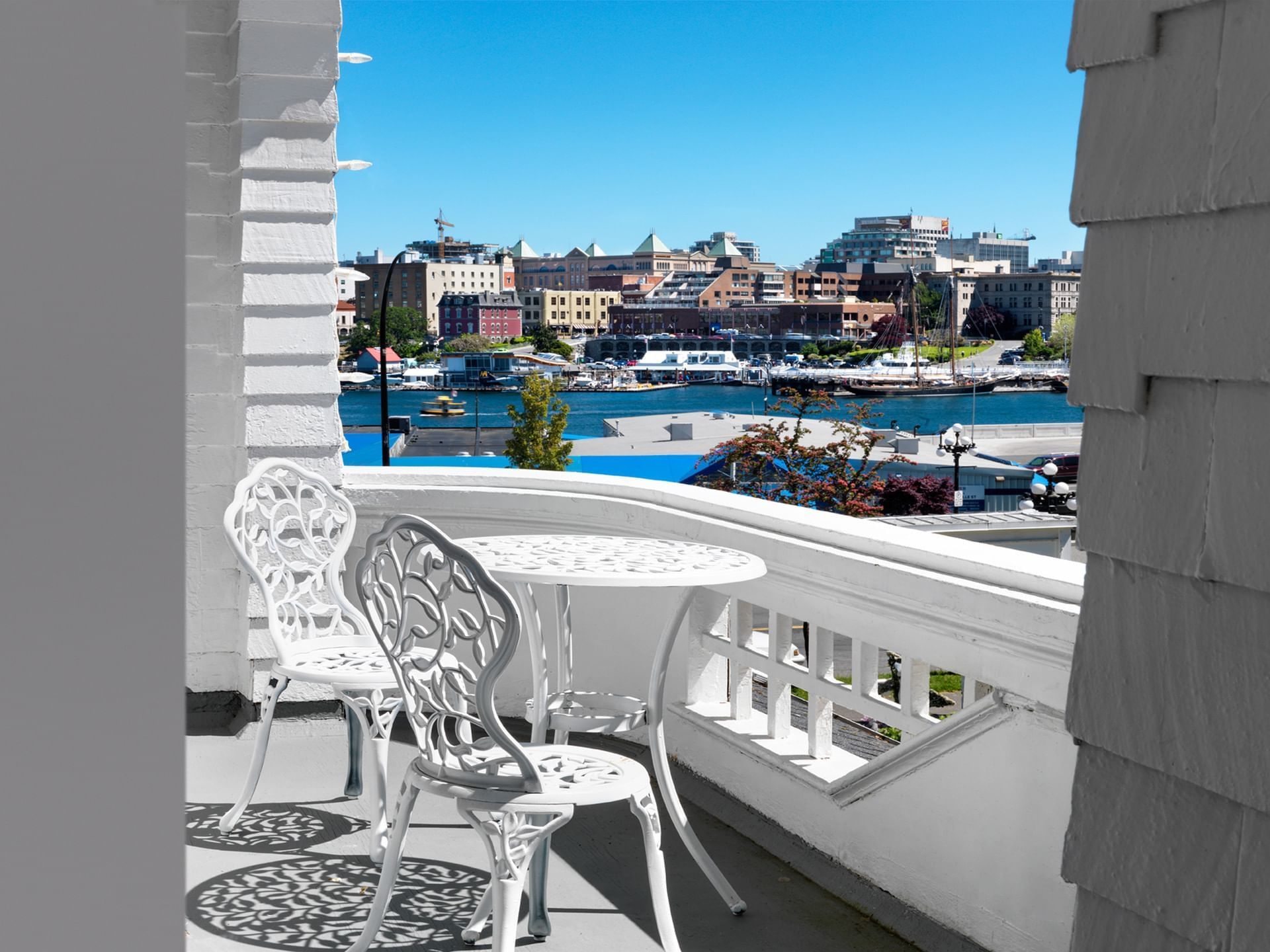 Queen Ann Suite Balcony with view of Victoria Inner Harbour at Pendray Inn and Tea House