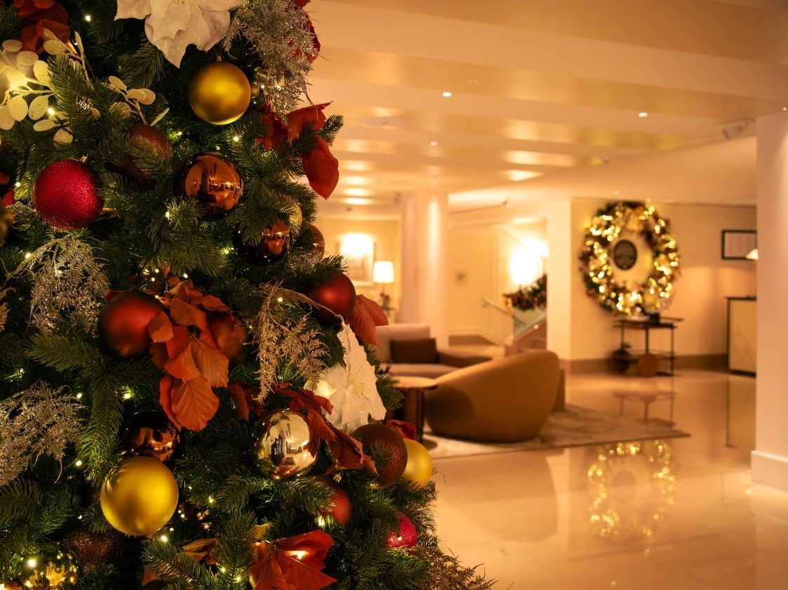 Elegantly decorated Christmas tree with red and gold ornaments in the festive lobby of The May Fair Hotel