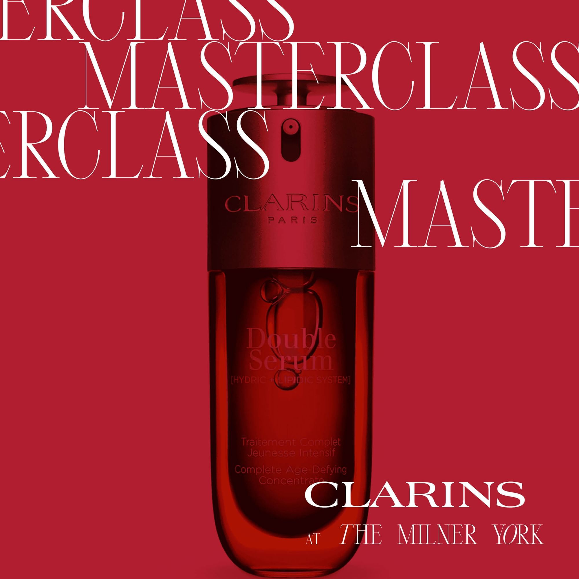 Red Clarins Double Serum bottle on a matching red background poster featuring Clarins Masterclass at The Milner York