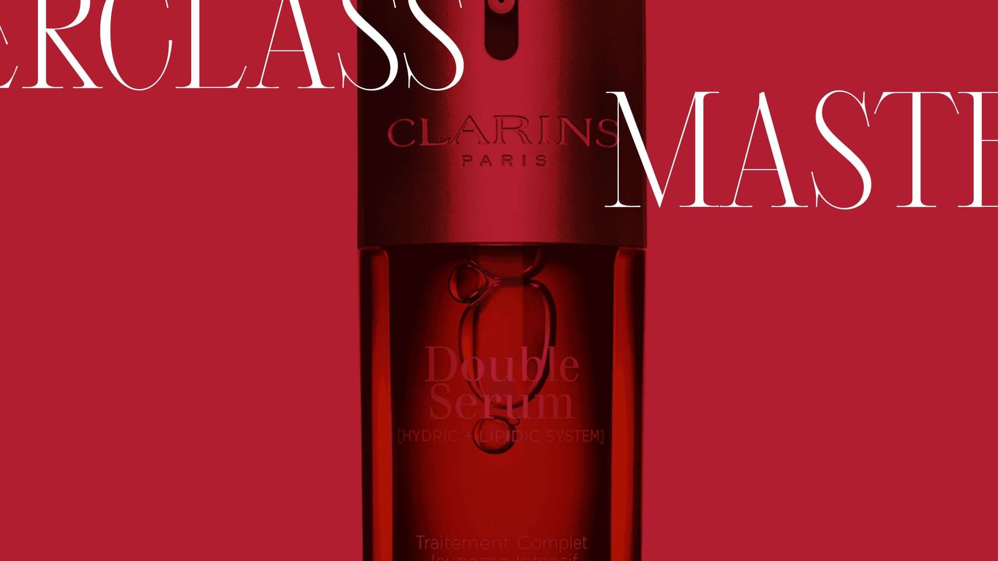 Red Clarins Double Serum bottle on a matching red background poster featuring Clarins Masterclass at The Milner York