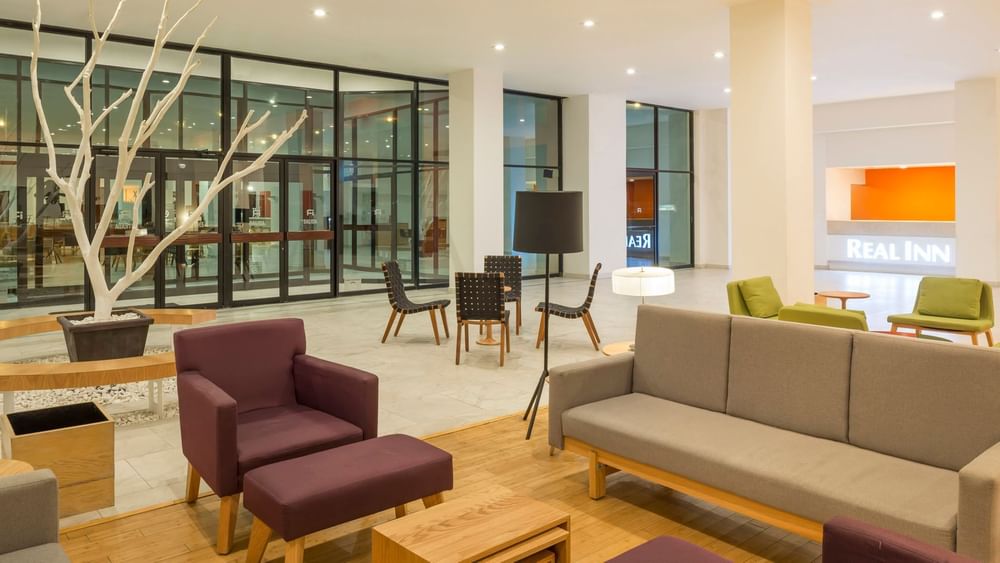 Lobby lounge with purple armchairs by a gray sofa surrounding a wooden table under soft light at Real Inn Mexicali