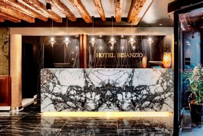 A fully marbled reception area at Hotel Bisanzio