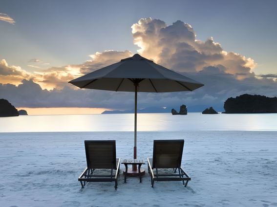 Sunbeds & an umbrella on the Beach, Tanjung Rhu Resort Langkawi