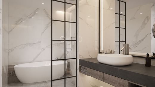 Vanity & tub in Alist Suite bathroom at Paramount Hotel Dubai