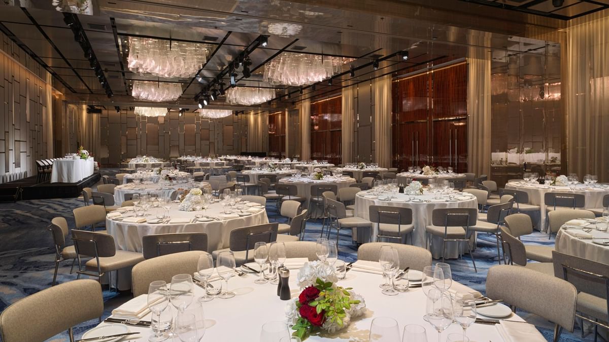Table set-up for an event in Perl Ballroom at Crown Towers Sydney