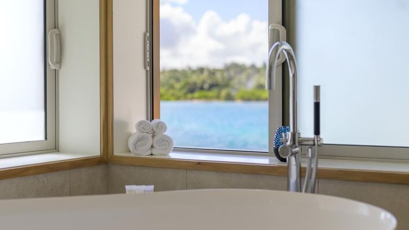 Close-up of the bathtub in Overwater Villas at Warwick Le Lagon 