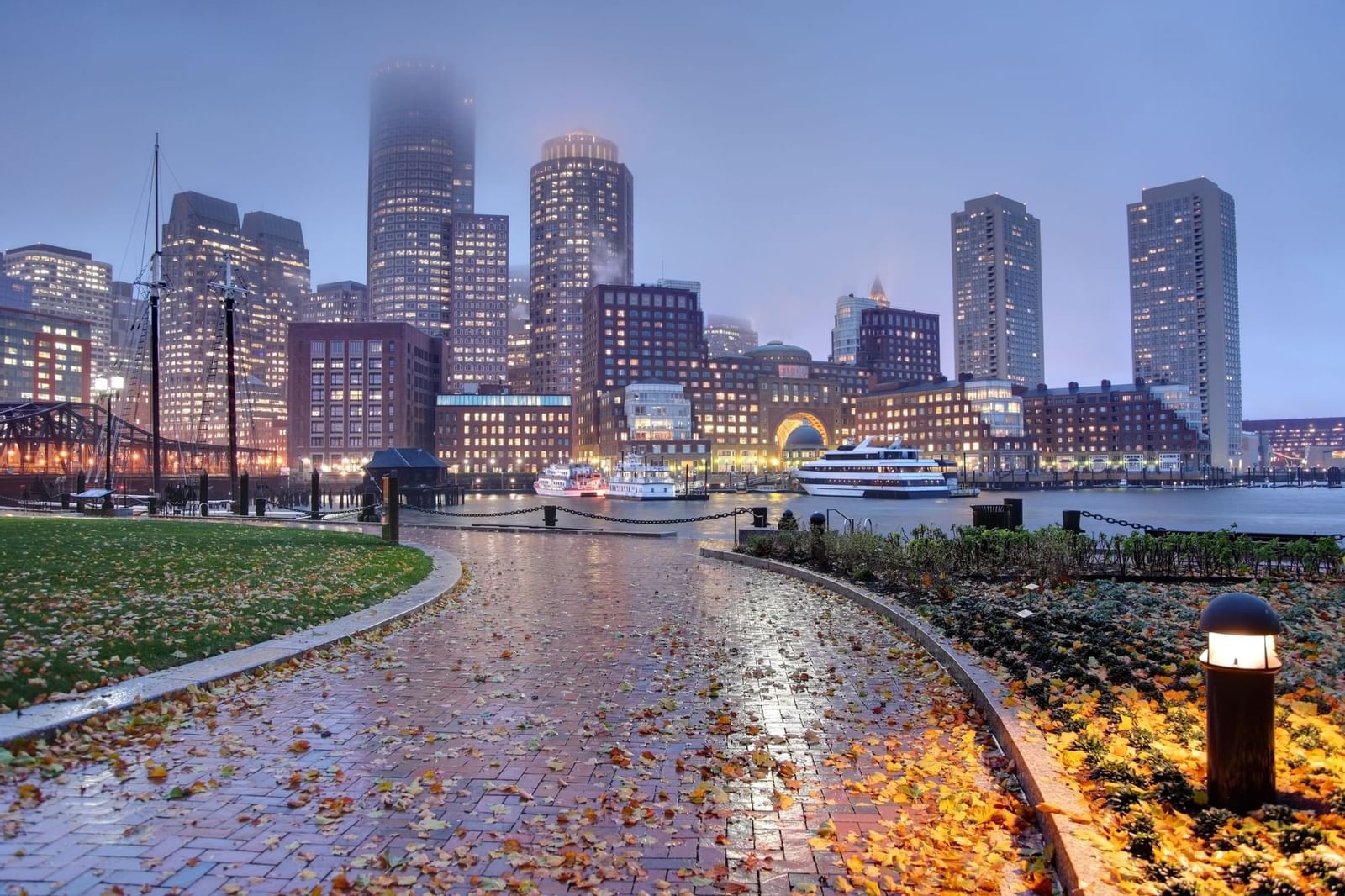 Boston skyline with autumn leaves