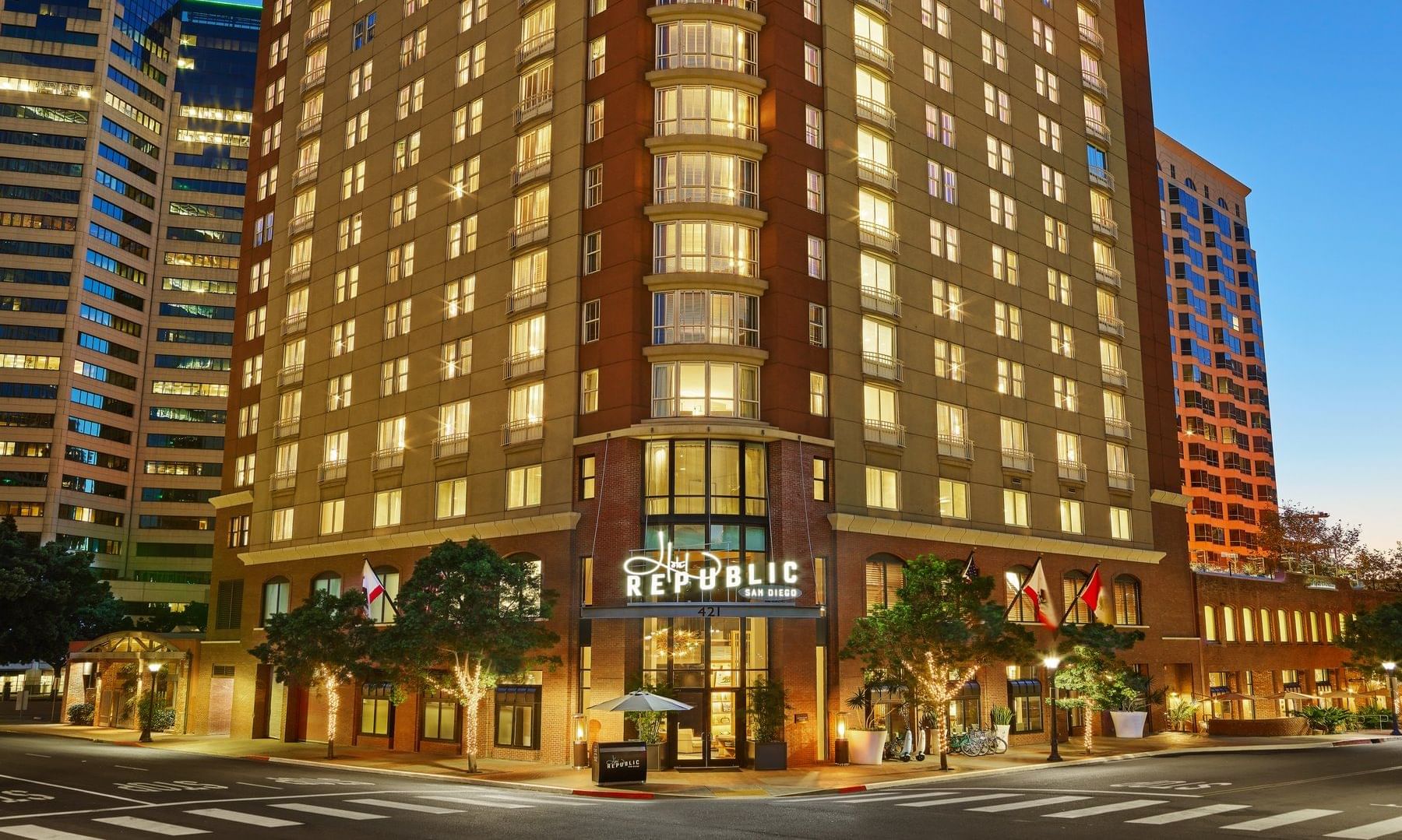 Low angle view of Hotel Republic San Diego lit at night