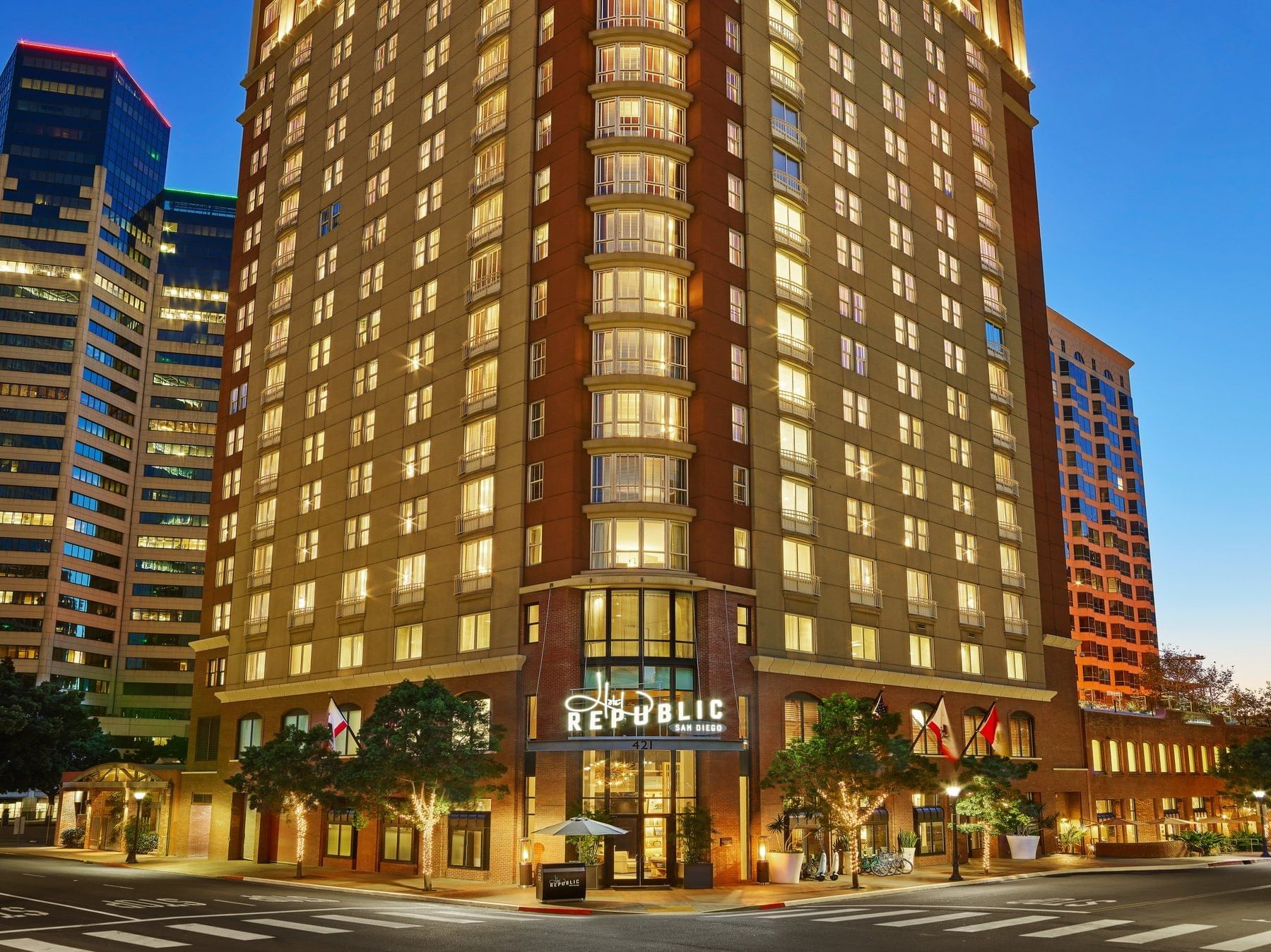 Low angle view of Hotel Republic San Diego lit at night