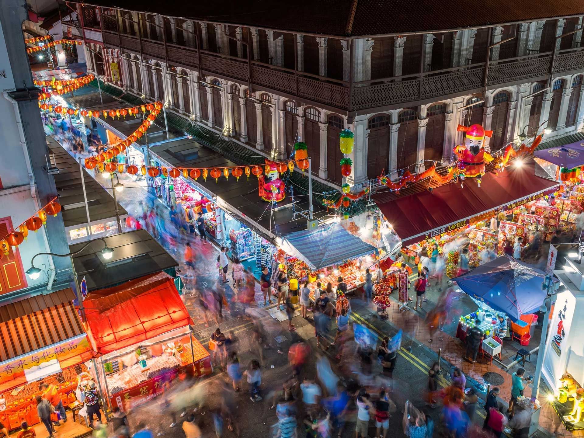 Aerial view of Chinatown at night, Nostalgia Hotel Singapore