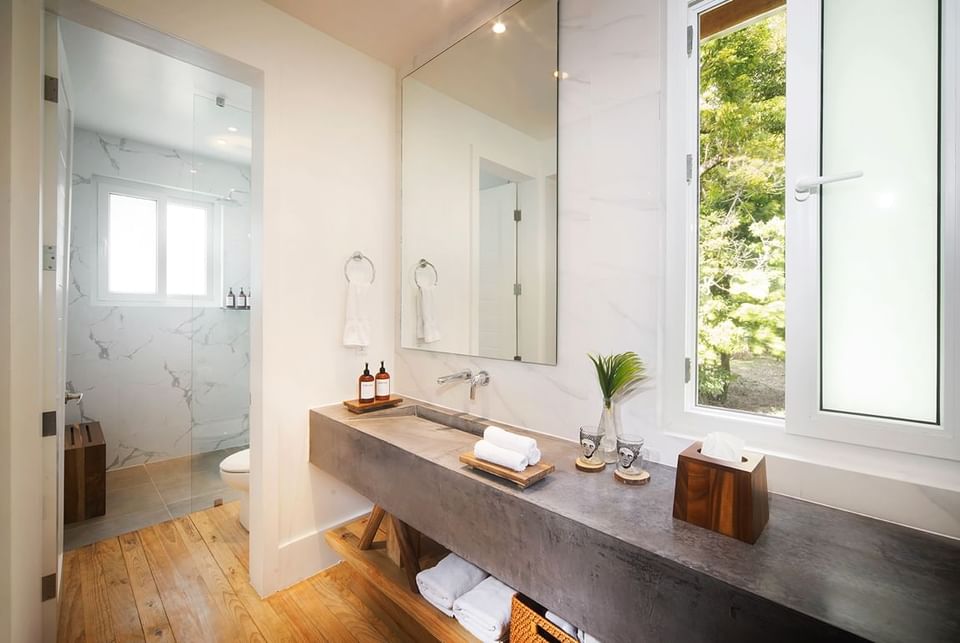 An elegant bathroom at Ibagari Hotel with a stunning concrete countertop, a large window, and a walk-in shower