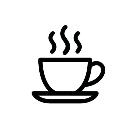 Black and white icon of a steaming cup of coffee on a saucer.