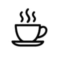 Black and white icon of a steaming cup of coffee on a saucer.