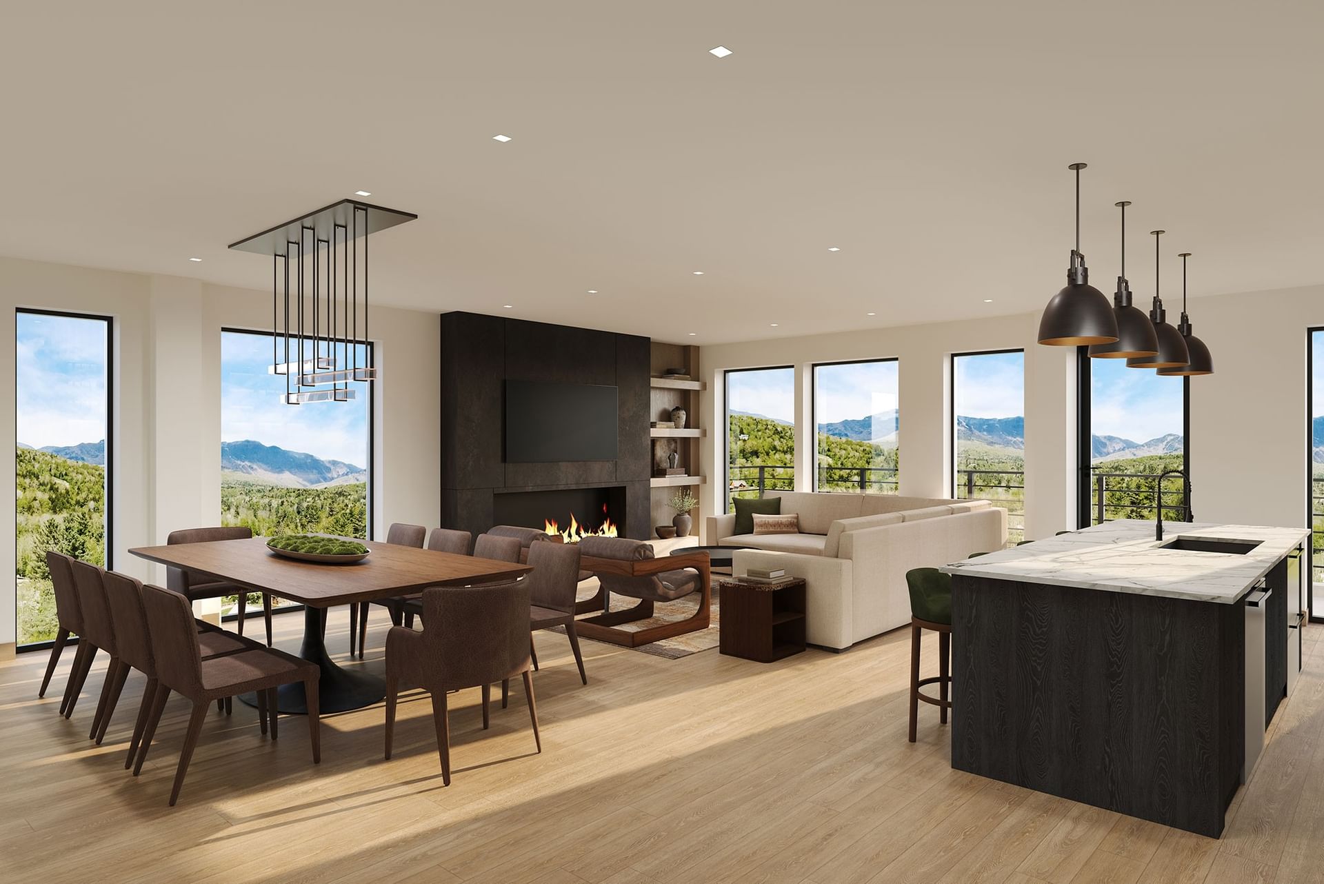 Rendered image of modern open-concept living space with dining area, fireplace, and mountain views.
