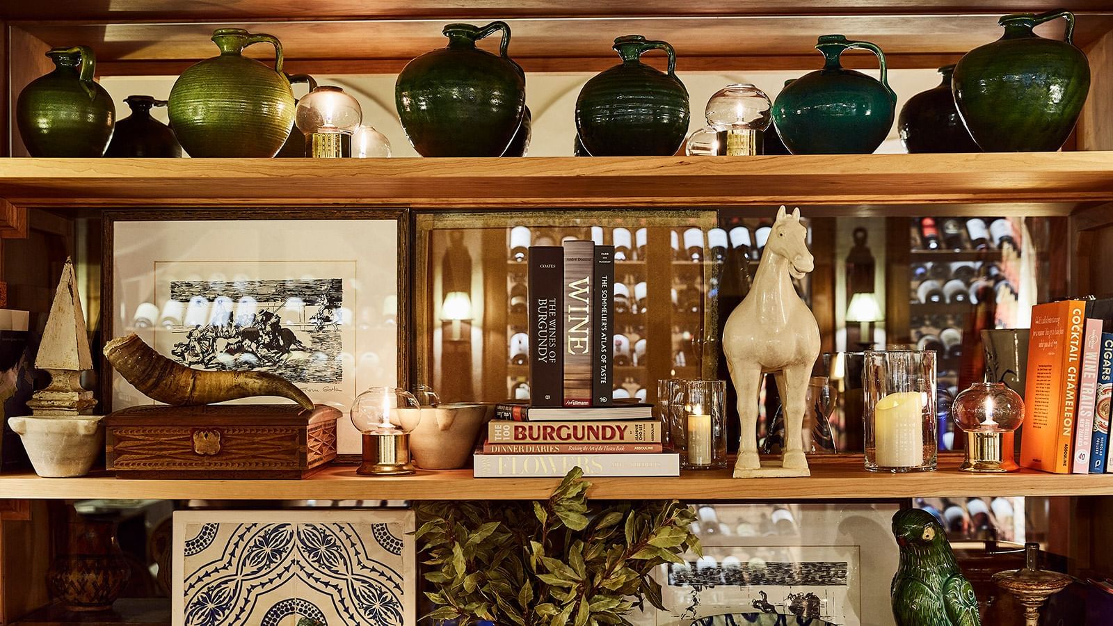Ornaments kept on a shelve in La Bodega at Marbella Club