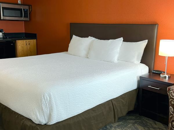 Hotel room with bed, lamp, sink, microwave, and small couch