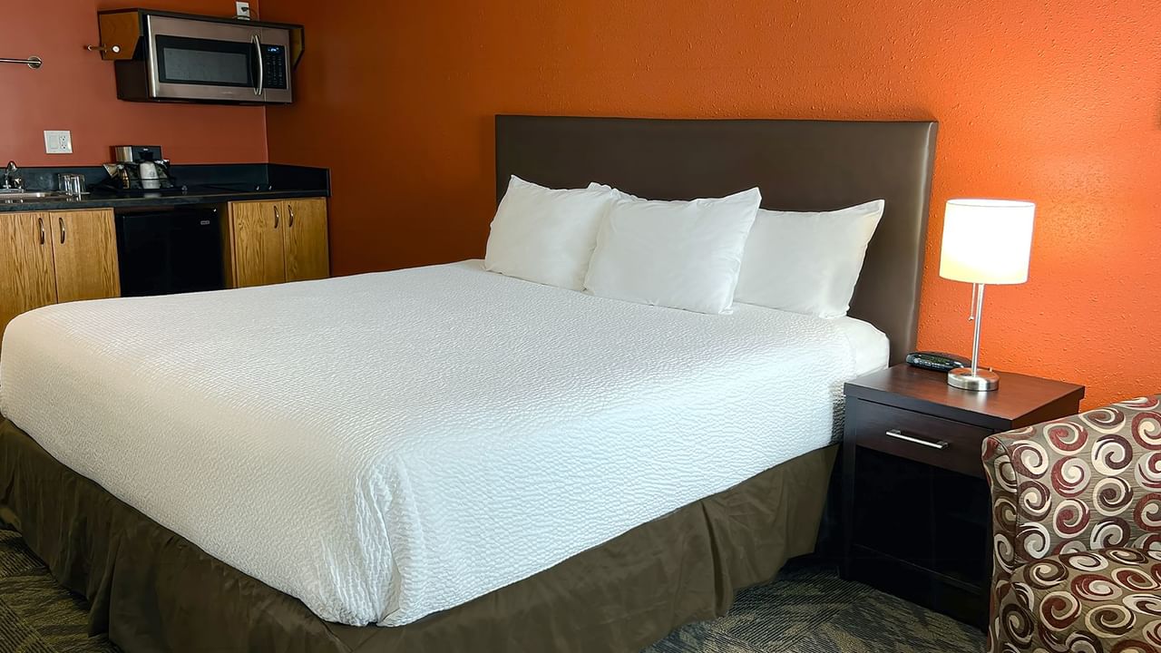 Hotel room with bed, lamp, sink, microwave, and small couch