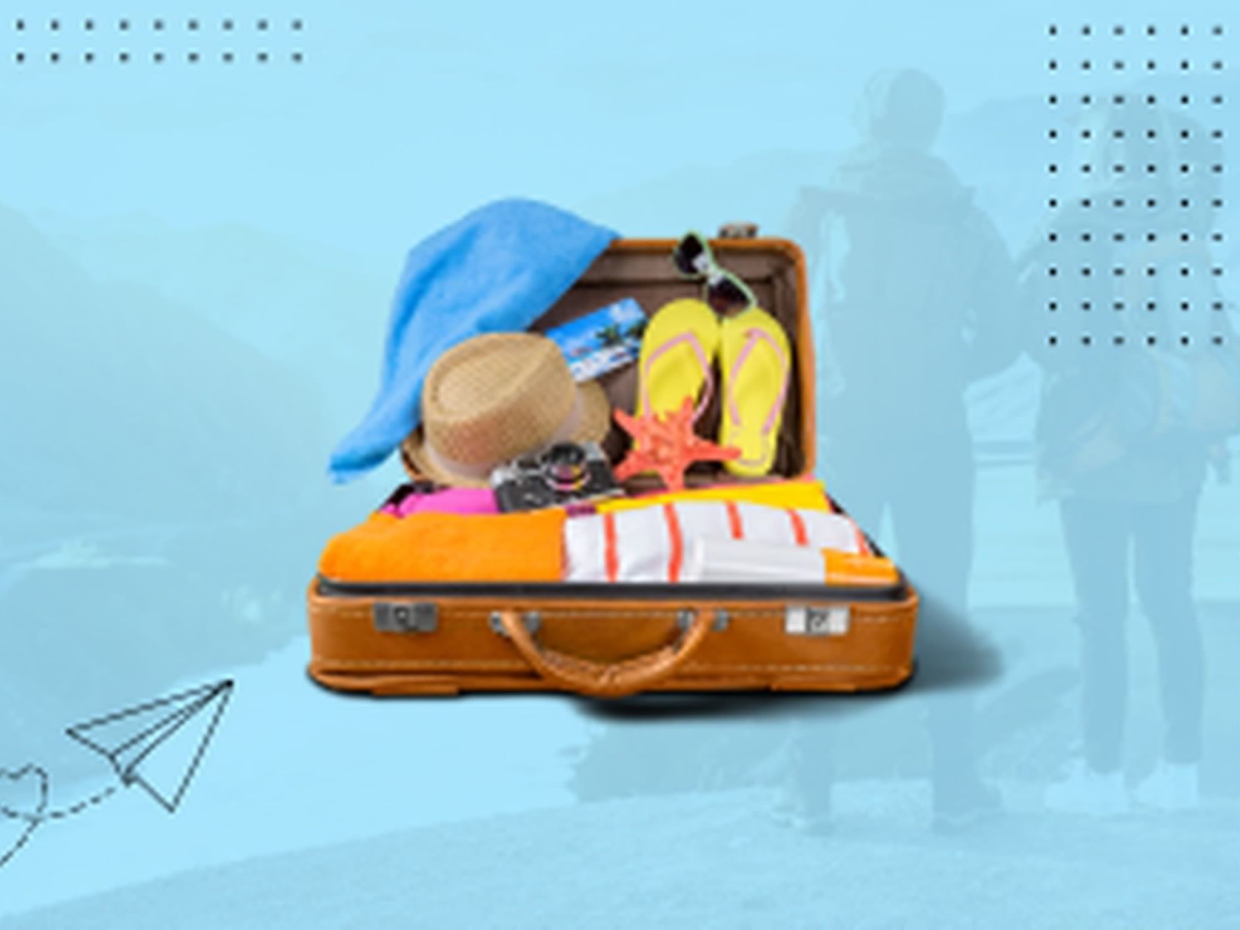 A photo collage with an open suitcase with beach items used at The Wander Hotel