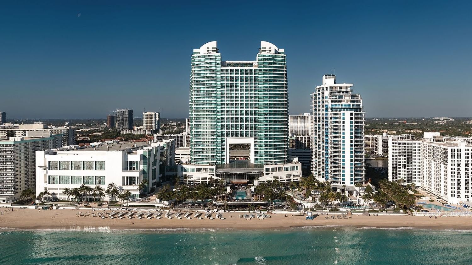 Drone view of the beachfront resort overlooking the Atlantic Ocean.