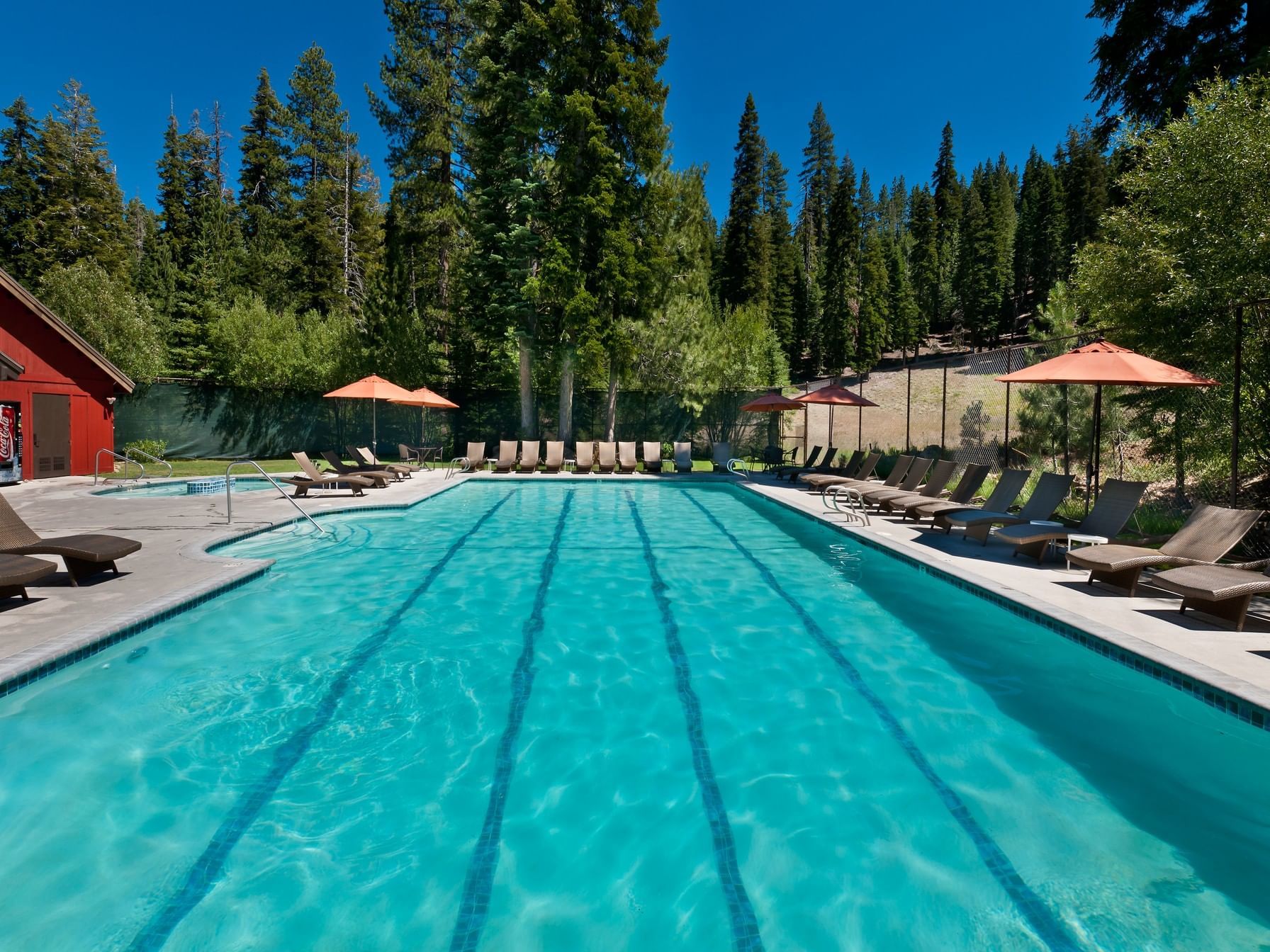 Sunbeds by the outdoor pool area at Granlibakken Tahoe