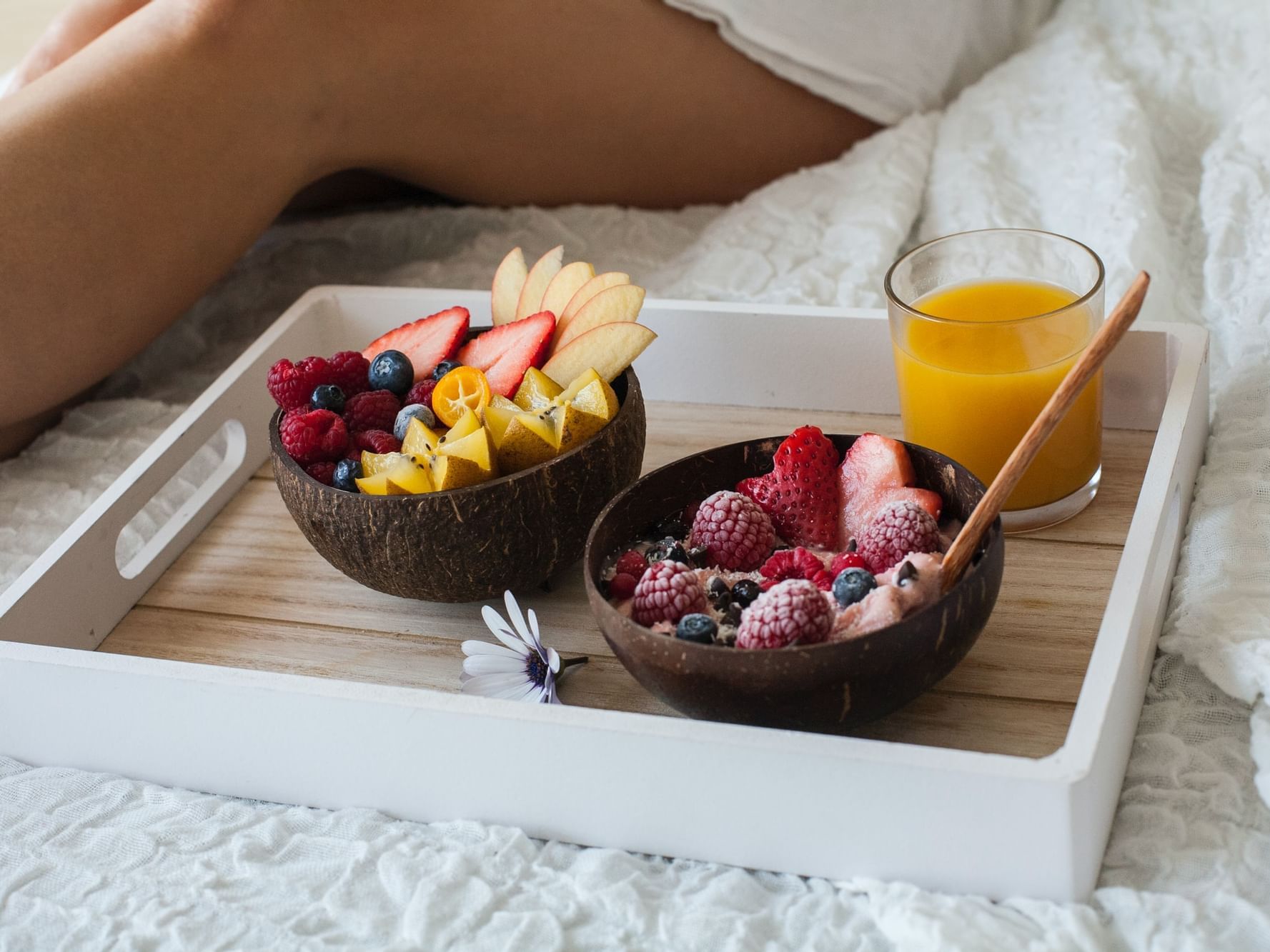 Breakfast tray served on a bed at Atlantica Hotel Halifax