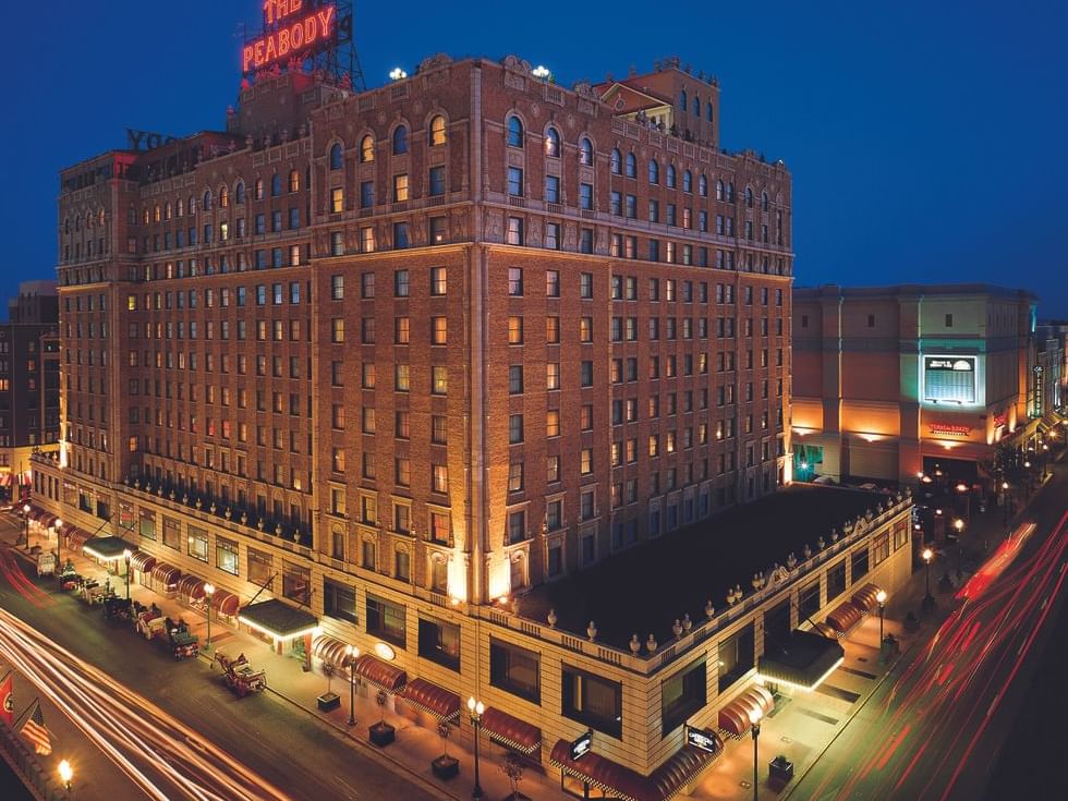 Exterior view of the hotel at nigh at Peabody Memphis