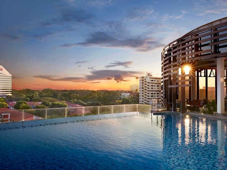 Aerial view of the infinity pool at Momentus Hotel Alexandra